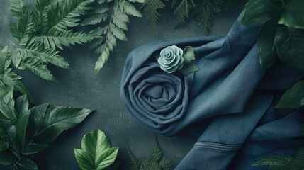 Poster - Elegant Flat Lay of Green Fabric with Ferns and Decorative Flower