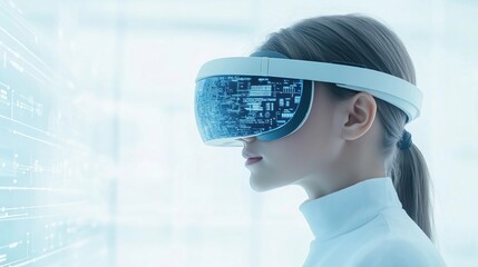 Poster - Young person wears VR glasses, focusing on interactive learning in futuristic classroom. Modern tech tools, AI tutors support interactive learning. Future edu environment shown. Person focused on