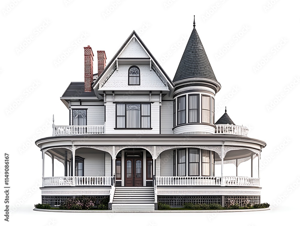victorian mansion with turrets and wraparound porch isolated on white ...