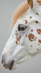 Wall Mural - A close-up portrait of a white horse with brown spots, showcasing its expressive eye.