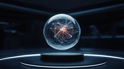 Poster - Futuristic lab displays interactive quantum entanglement model. Digital sphere shows particle interactions. Modern tech in research setting. Advanced science concept. Innovative visual for tech,