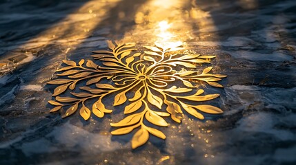 Poster - Golden floral design embedded in icy surface, illuminated by sunlight.