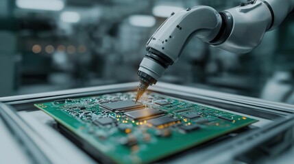 Poster - Robotic arm precisely installs component on circuit board in factory. Advanced tech for electronics manufacturing. Modern machinery in operation. Industrial production process. Focuses on precision,
