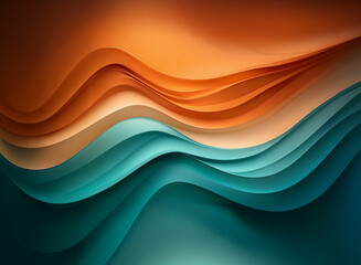 Fototapete - Abstract image of flowing, layered paper.  Warm orange and cool teal shades create a wave-like pattern, suggesting movement and depth.  The texture is smooth, with subtle light and shadow.