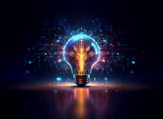 Poster - A glowing lightbulb, filled with vibrant digital circuitry, radiates innovation and technological advancement. Its brilliance illuminates a dark background, symbolizing the power of new ideas.