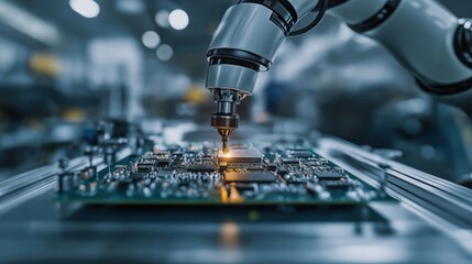 Poster - Advanced robotic arm precisely positions components on circuit board in industrial setting. Modern tech manufacturing process. Robotic precision enhances efficiency, quality. High-tech manufacturing.