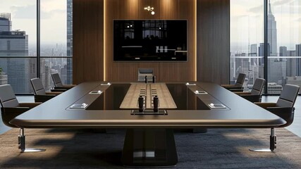 Poster - Natural light changes the atmosphere of a modern conference room with a large table, executive chairs, display, and a stunning view of the city skyline through large windows