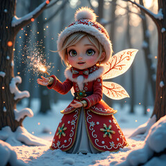 Wall Mural - magical winter fairy spreading joy in a snowy enchanted forest, digital art of fantasy character con