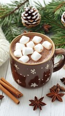 Wall Mural - Cozy winter hot chocolate with marshmallows in festive brown snowflake mug, decorated with star anise and cinnamon sticks, pine branches and pinecones on white table