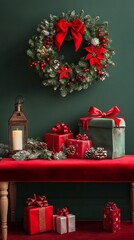 Wall Mural - festive christmas composition with traditional wreath decorated with red bows and poinsettias, vinta