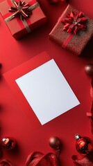 Wall Mural - festive red christmas composition with wrapped gifts, ornament balls and blank white card for messag