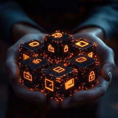 Poster - Hands hold glowing cubes showing secure data storage. Network security, data protection concepts illustrated. Icons like encryption, firewall, privacy features displayed on cubes. Modern tech, cyber