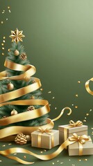 Wall Mural - elegant christmas composition with decorated pine tree wrapped in golden ribbon, gift boxes with bow