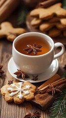 Wall Mural - Aromatic winter tea with star anise and homemade Christmas cookies decorated with white icing on rustic wooden table, accompanied by cinnamon sticks and pine branches.