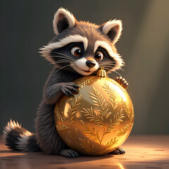 Canvas Print - A charming raccoon with a golden ornament capturing the spirit of the holiday season, digital art of character design concept.