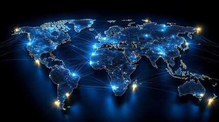 A visual representation of a world map with digital lines connecting major business hubs, illustrating the impact of global connections on modern business success.