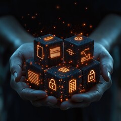 Poster - Hands hold glowing cubes representing secure data storage. Digital icons show network security. Illustration shows tech protection concept. Encryption, privacy highlighted. Data protection,