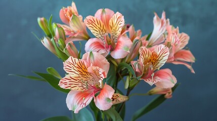 Wall Mural - Stunning Bouquet of Peach Alstroemeria Lilies Against a Teal Background