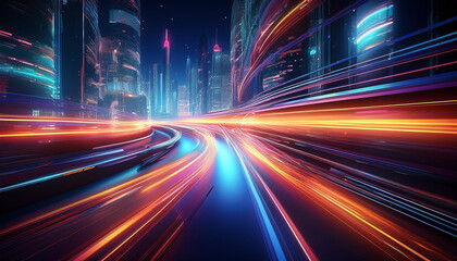 Wall Mural - 3d rendering of highway in city. high speed motion blur. concept of leading in business, hi tech pro