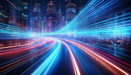 Wall Mural - 3d rendering of highway in city. high speed motion blur. concept of leading in business, hi tech pro