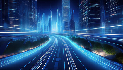 Wall Mural - 3d rendering of warp speed in hyper loop with blur light from buildings' lights in mega city at nigh