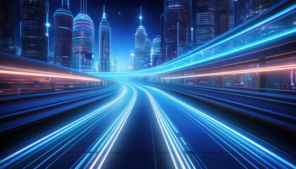 Wall Mural - 3d rendering of warp speed in hyper loop with blur light from buildings' lights in mega city at nigh