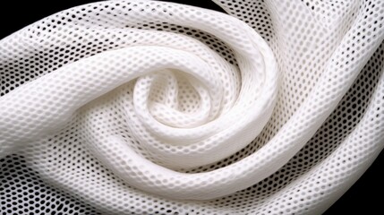 White mesh fabric rolled into a spiral against a black background.