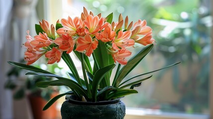 Wall Mural - Stunning Clivia Miniata Blooms in a Pot Near a Window