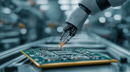 Poster - Robotic arm precisely places components on electronic circuit board in modern manufacturing plant. Automated tech performs intricate work. Advanced machinery essential in high-tech industrial