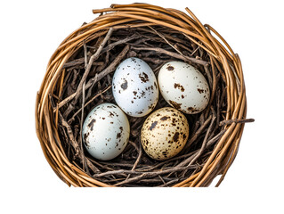 Four Bird Eggs in a Woven Nest Isolated On A White Background, PNG Transparent