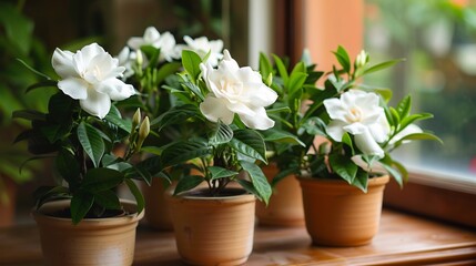 Wall Mural - Elegant White Gardenias in Terracotta Pots on a Windowsill