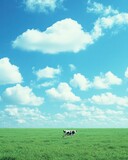 A serene landscape featuring a cow in a vast green field under a bright blue sky.