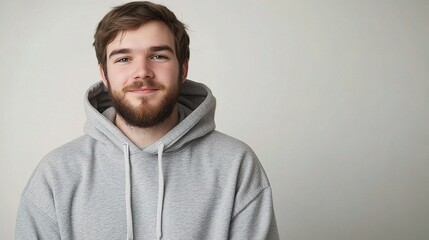 Wall Mural - Happy Young Man with Beard in Grey Hoodie Smiling Warmly