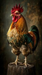 Wall Mural - A vibrant rooster stands proudly on a stump, showcasing its colorful plumage and posture.