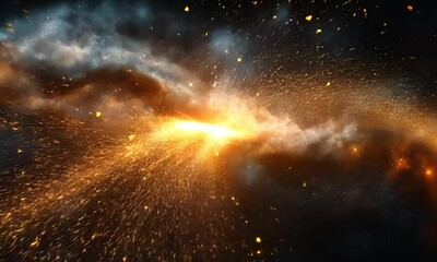Wall Mural - A vibrant cosmic scene with swirling golden particles against a dark background.