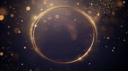 Poster - Abstract background design with golden circle frame. Glittering particles, bokeh effect creates dark purple brown, golden color scheme. Stylish backdrop for holiday celebration luxury product