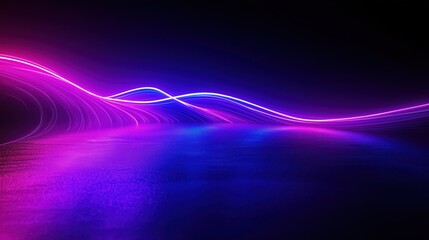Poster - Dynamic abstract design with vibrant neon purple, blue lines on dark background. Wavy lines create futuristic visual effect. Ideal for modern wallpaper tech background. Suggests movement, energy.