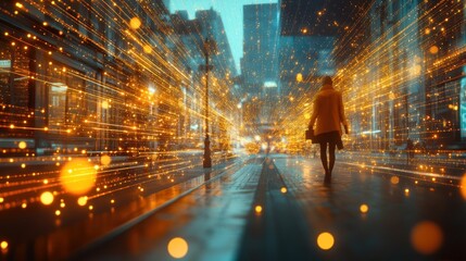 Poster - Woman walking city street, digital data streams, futuristic cityscape.