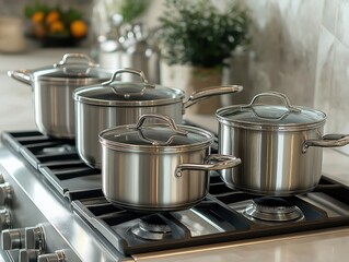 Stainless steel pots and pans are ready on modern gas stove. Kitchen setting features clean lines. Cooking utensils are gleaming. Preparation for meal is visible. Modern kitchen equipment is focused.