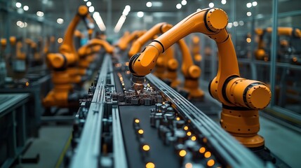 Poster - Automated production line with robotic arms assembling parts. Precision, efficiency key. Modern manufacturing. Tech innovation. Factory setting. High-tech assembly. Parts placed precisely. Robotic