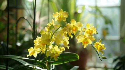 Wall Mural - Sunlit Yellow Orchids in a Greenhouse