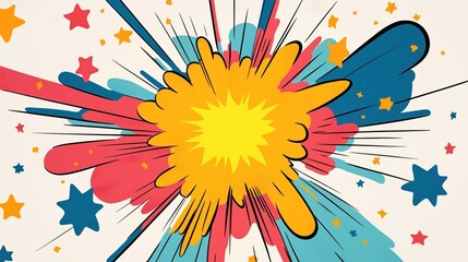 Aufkleber - Colorful comic book explosion design. Dynamic vibrant colors like yellow red, blue. Abstract shapes. Energetic radiating pattern, bright comic book style. Retro, vintage graphic art. Suitable for