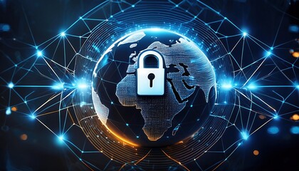 Poster - futuristic globe with interconnected nodes and glowing pathways, featuring lock icon, symbolizes global security and connectivity