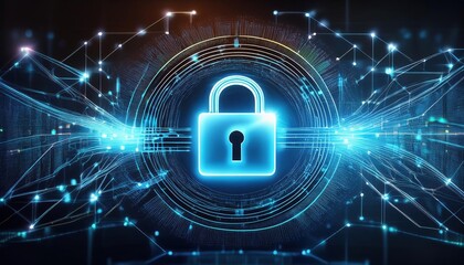 Poster - glowing holographic lock icon surrounded by interconnected data streams and ai neural nodes symboliz