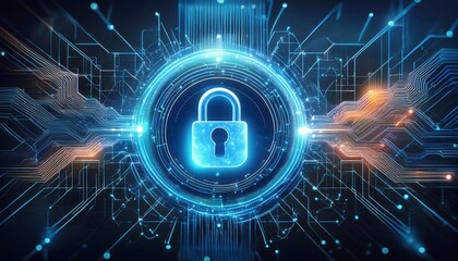 Fototapete - glowing holographic lock icon surrounded by interconnected data streams and ai neural nodes, symboli