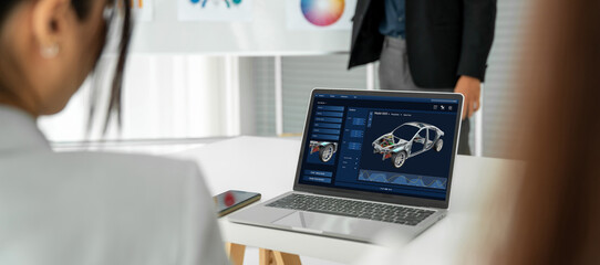 Poster - electric car design software on computer screen showing simulation blueprint snugly by digital calcu