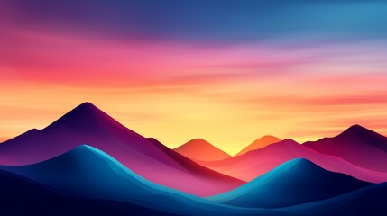 Wall Mural - A vibrant landscape featuring rolling mountains under a colorful sunset, blending hues of pink, orange, and blue.