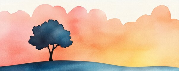 Wall Mural - A serene watercolor landscape featuring a silhouetted tree against a colorful sunset sky with soft clouds.