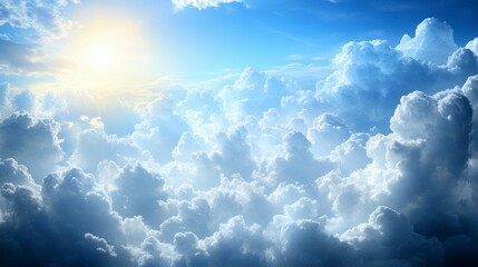 Wall Mural - Blue sky background with fluffy white clouds in soft focus, offering a peaceful setting with abundant copy space for your message, perfect for a clean, fresh design.
