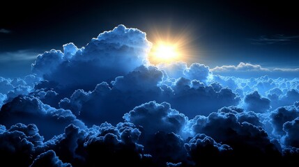 Wall Mural - Blue sky background with fluffy white clouds in soft focus, offering a peaceful setting with abundant copy space for your message, perfect for a clean, fresh design.